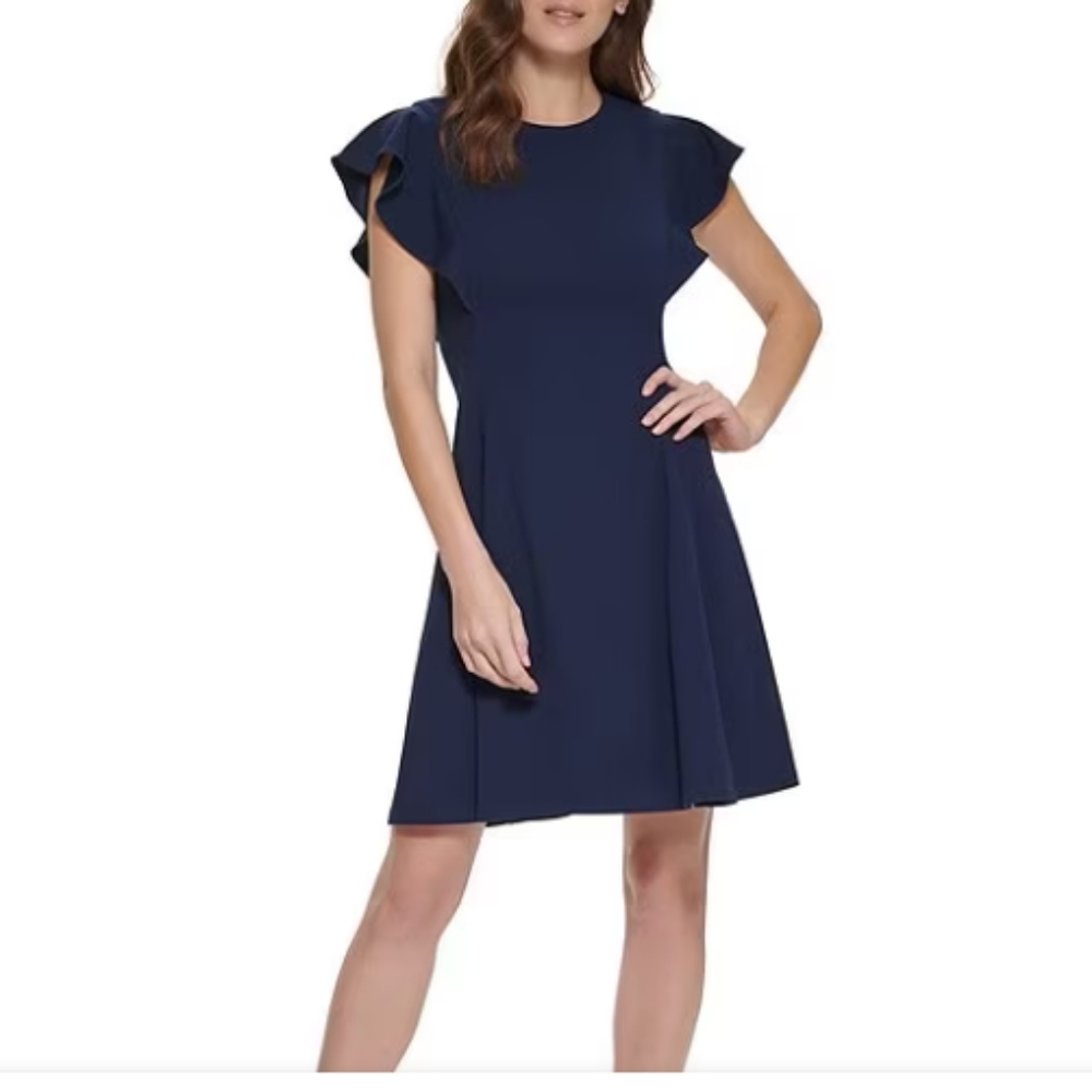 NWT DKNY Navy Blue, Scoop Neck, Flutter Sleeve, A-Line, Knee Length. 10